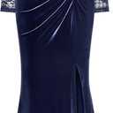 MISSMAY Women's Elegant Velvet V Neck Ruched Split Evening Long Dress (Blue, XL)