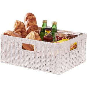 OIAHOMY Wicker Storage Basket, Rectangular Paper Rope Shelf Baskets with Built-in Handles, Woven Decorative Organizer for Pantry, Shelves, Living Room and Bathroom, 1-Pack White