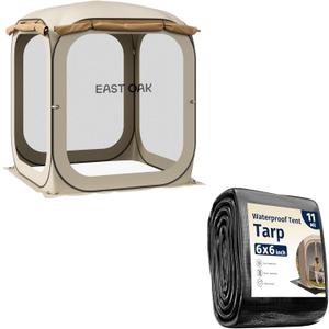 Bundle of East OAK 66 FT Pop Up Canopy Tent with MeshInstant Canopy with Portable Carry Bag, Beige + EAST OAK 6x6 FT Waterproof Tarps for Outdoors as Tent Floor Mat,