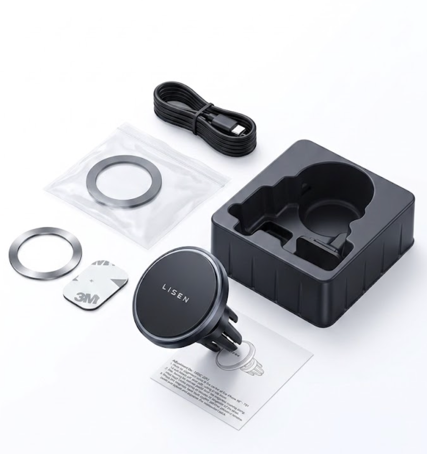 LISEN MagSafe Car Mount Charger, Magnetic Wireless Car Phone Holder | [Easiest Mount] 96LBS Vacuum Suction Car Mount, 360° Magnetic Phone Holders for Your Car