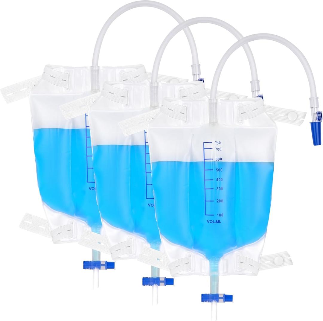 750 mL Catheter Leg Bag for Men and Women 3 Pack Urinary Drainage Bag with Anti-Reflux Valve, Adjustable Cloth Straps, Non-Woven Fabric Back Fit Design, Split Urine Bag
