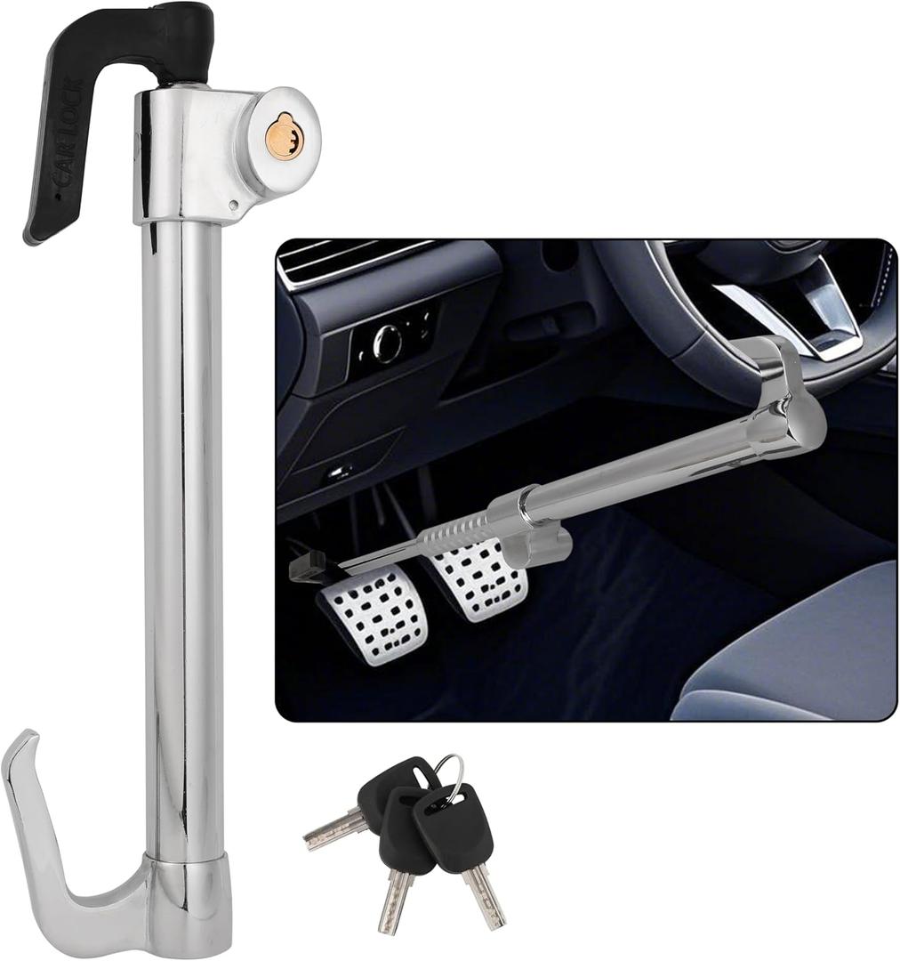 Universal Anti-Theft Steering Wheel & Brake Pedal Lock with Retractable Double Hook, 3 Double Row Atom Keys, Car Security Lock for Truck SUV Van, Emergency Window Breaker