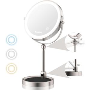 10" Makeup Mirror with Light, 12X/1X Lighted Magnifying Mirror, Angle Adjustable & 3 Color Dimmable, 360Rotatable Rechargeable Double Sided Desk Mirror with Light (White)