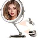 Rocollos Tabletop Makeup Mirror with Built-in Vanity Tray, 9" Rechargeable Lighted Vanity Mirror 1X/10X Magnification, 4000mAh, Height-Adjustable Arm, 3 Color Dimmable  No Drilling Needed (Nickel)