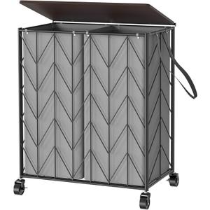 WOWLIVE Laundry Basket with Wheels, Heavy Duty Laundry Hamper with Wood Lid, Clothes Hamper with Divided Removable Liner Bag, Large Capacity Iron-Made Laundry Sorter Laundry Room Organization (Grey) (115L(22 x 13 x 26.4 Inches))