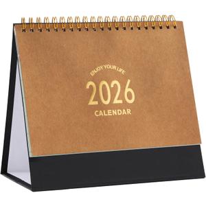 Small Desk Calendar 2026, Standing Flip Desktop Calendar from Now to Dec 2026 - Metal Ring Twin-Wire Binding Monthly Desktop Calendar for Home Office School (kraft paper color)