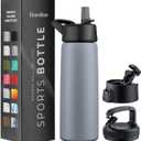 FineDine Triple Walled, Insulated Water Bottles with Straw - 25 Oz Stainless Steel Metal Bottle W/ 3 Leak Proof Lids - For Travel, School, Sports, Gym/Men, Women & Kids - Modern Lava Gray
