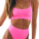 Meyeeka Womens Scoop Neck Cut Out Front Lace Up Back High Cut Monokini One Piece Swimsuit (Medium, Pink)