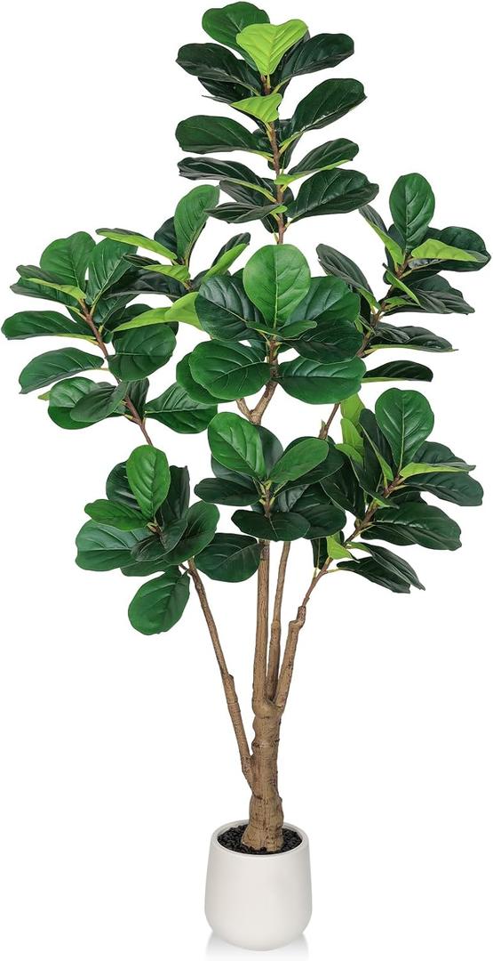 Artificial Fiddle Leaf Fig Tree with White Planter and Black Pebble, 6 FT Faux Ficus Lyrata with Thick Trunk and Emerald Leaves, Fake Ficus Tree for Hotel, Shop, Modern Home Indoor Decoration