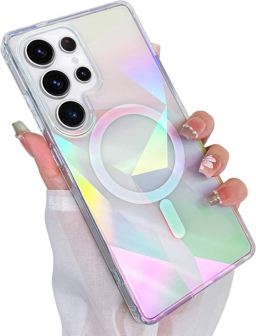 Cute Case for Samsung Galaxy S25 Ultra Case for Women Girls [ Compatible with Magsafe ] Clear Glitter Girly Aesthetic Rainbow Sparkly Bling Magnetic Phone Cover, Iridescent Geometry