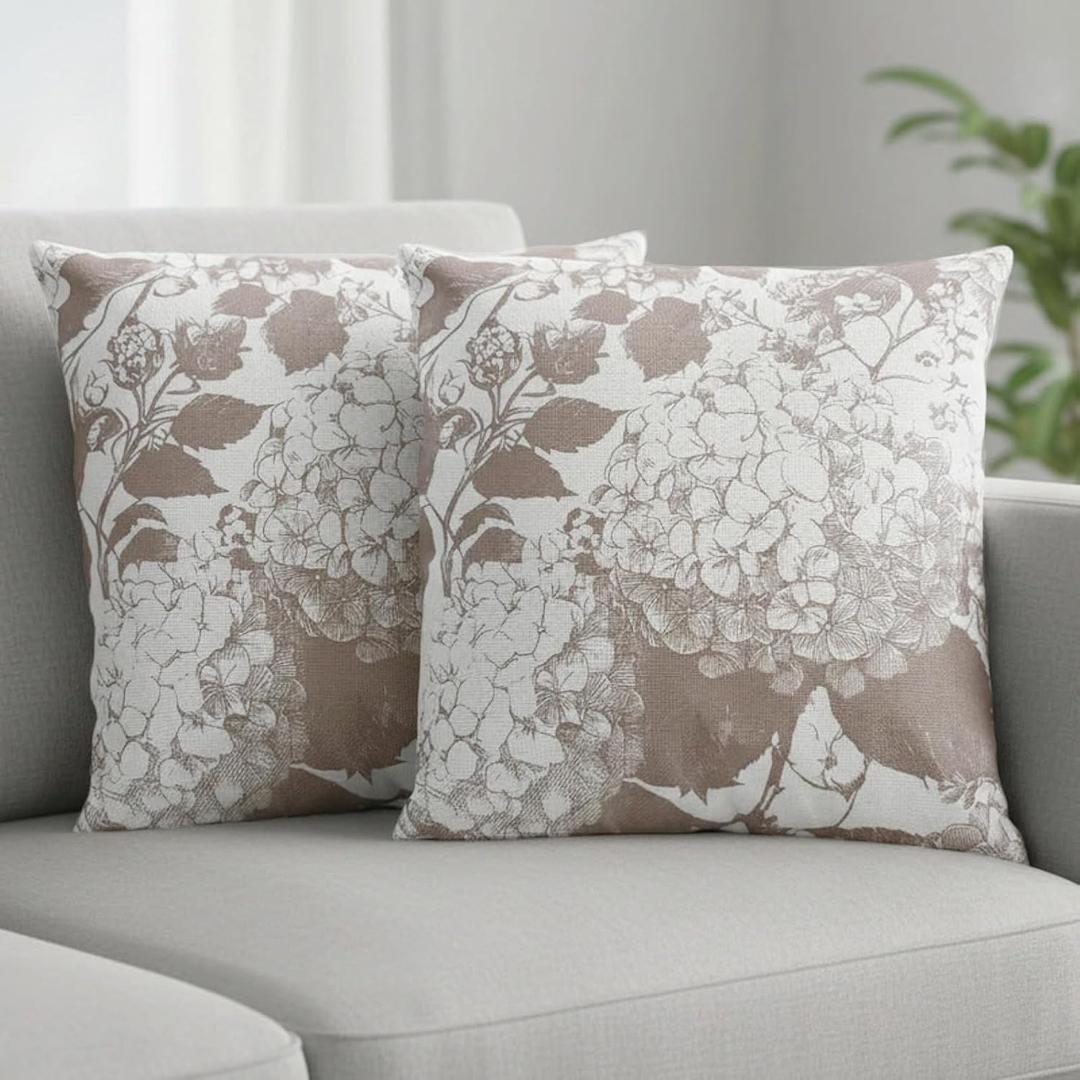 MAMYL Set of 2 Linen Floral Pillow Covers, Hydrangea Pattern Throw Pillow Covers, Boho Vintage Cushion Covers for Sofa, Living Room, Bedroom, Farmhouse Decor (Light Brown, 24''X24'')