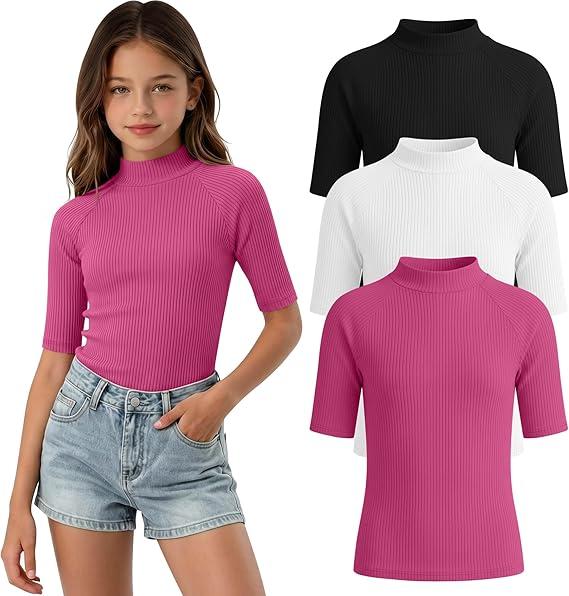 LessonZoo 3 Pack Girls' Shirts Teen Summer Tops Mock Turtleneck Slim Fit Ribbed Half Sleeve Fashion Tees Kids Clothes Trendy(Rose Pink, White, Black,11-12 Years)