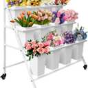 PROLEE Flower Display Stand with 12 Buckets, Flower Cart 3 Layers, Flower Stand Metal with Wheels, Moving Florist Bouquet Shelf, Triangular Rack, White