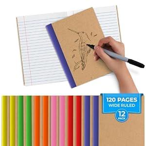 Rosmonde 12 Pack Kraft Journals Bulk, 8 x 5.7, Extra Pages - 120 Pages (60 Sheets), Wide Ruled, No Bleed Thick Paper, Small Composition Notebook for School, Lined Kraft Travel Notebook, Rainbow Spines