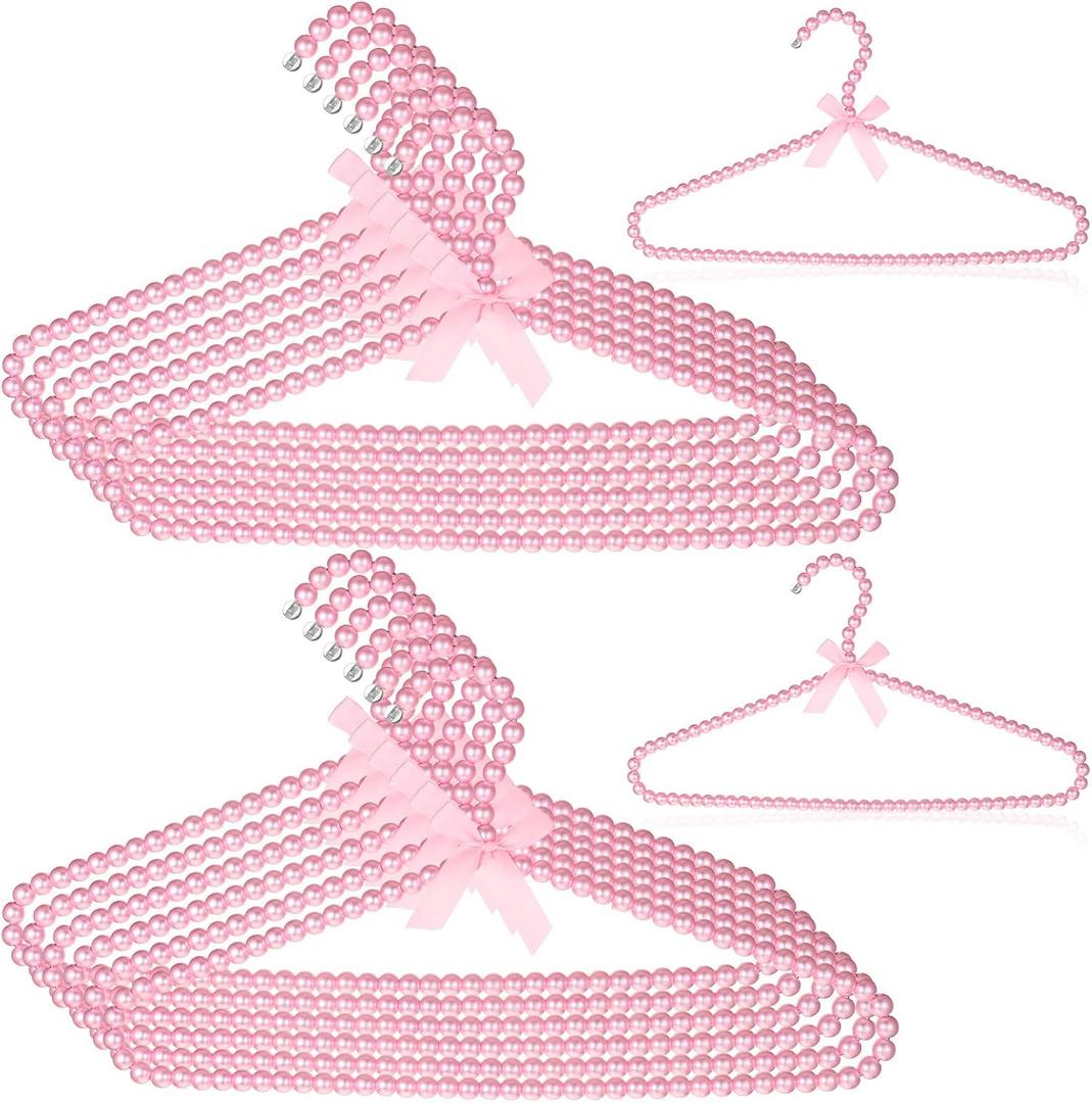 12 PCS Pink Pearl Hangers, 15.6 Inch Wedding Dress Hanger with Ribbon Bow, 15.6 x 8.3 inches