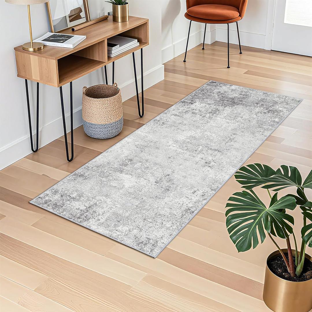 Washable 2x5 Runner Rug for Homeoffice: Soft Low-Pile Rugs for Office Stain Resistant Rugs with Non-Slip Rubber Backing Easy-to-Clean Runners Indoor Hallway Entryway Carpet 2x5 Grey