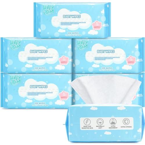Dry Wipes - HAPPY BUM Baby Wipes, Large Baby Wipes, Wet and Dry Use, Unscented Tissues for Sensitive Skin (600 Count)