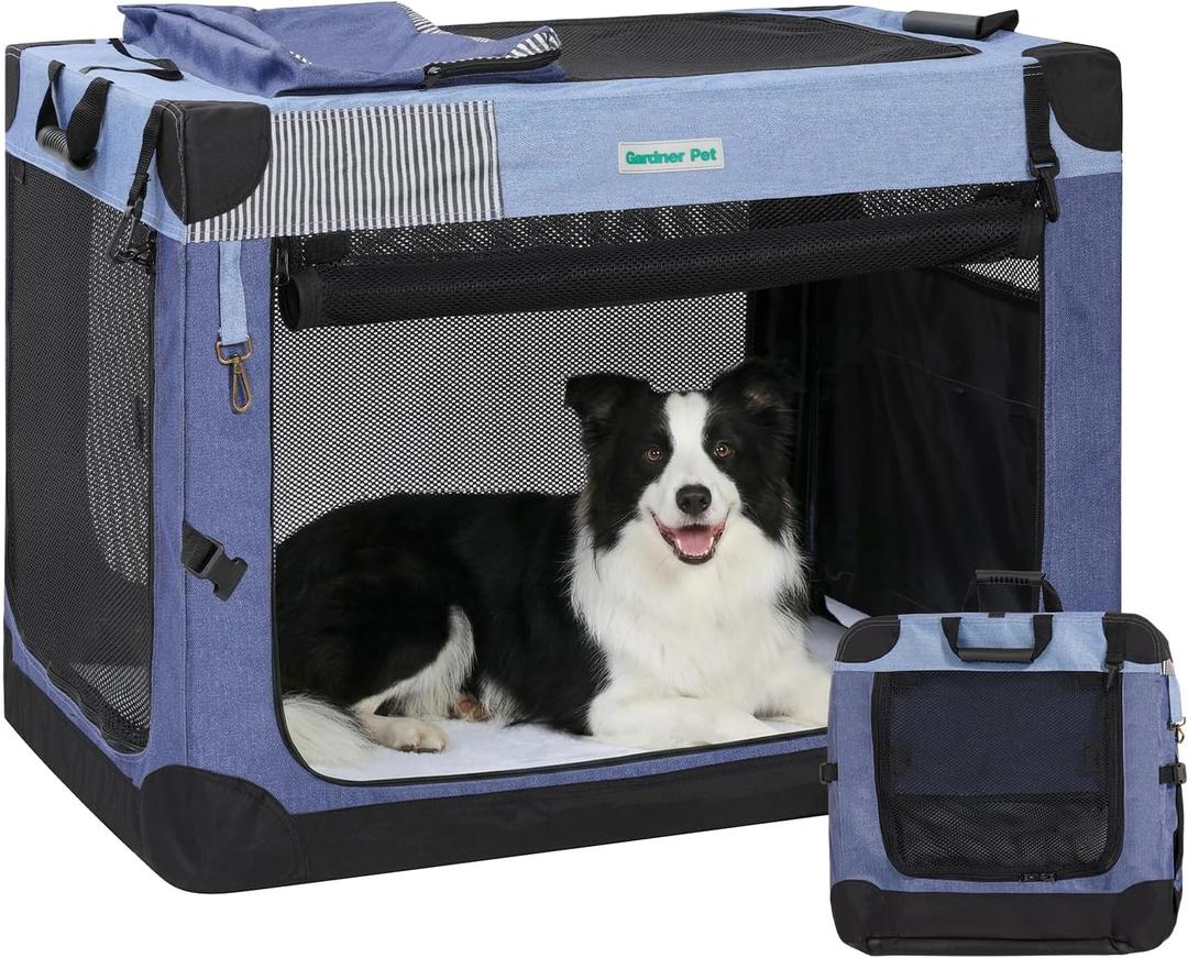 Gardner Pet Soft Collapsible Dog Crate - 36 Inch Portable Travel Dog Crate for Medium/Large Dogs Indoor & Outdoor, 3-Door Pet Crate with Durable Mesh Windows & Storage Bag, Blue