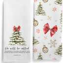 Christian Christmas Kitchen Towels, Red Bow Christmas Tree Decorative Set, Hand Dish Tea Towels 16x24 Inch