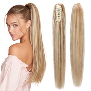 SEGOHAIR Human Hair Claw Clip Ponytail Extension 100% Real Human Hair Clip-In Extensions for Women Long Straight Pony Tails 18 Inches 115g #18P613 Light Blonde mixed Bleach Blonde