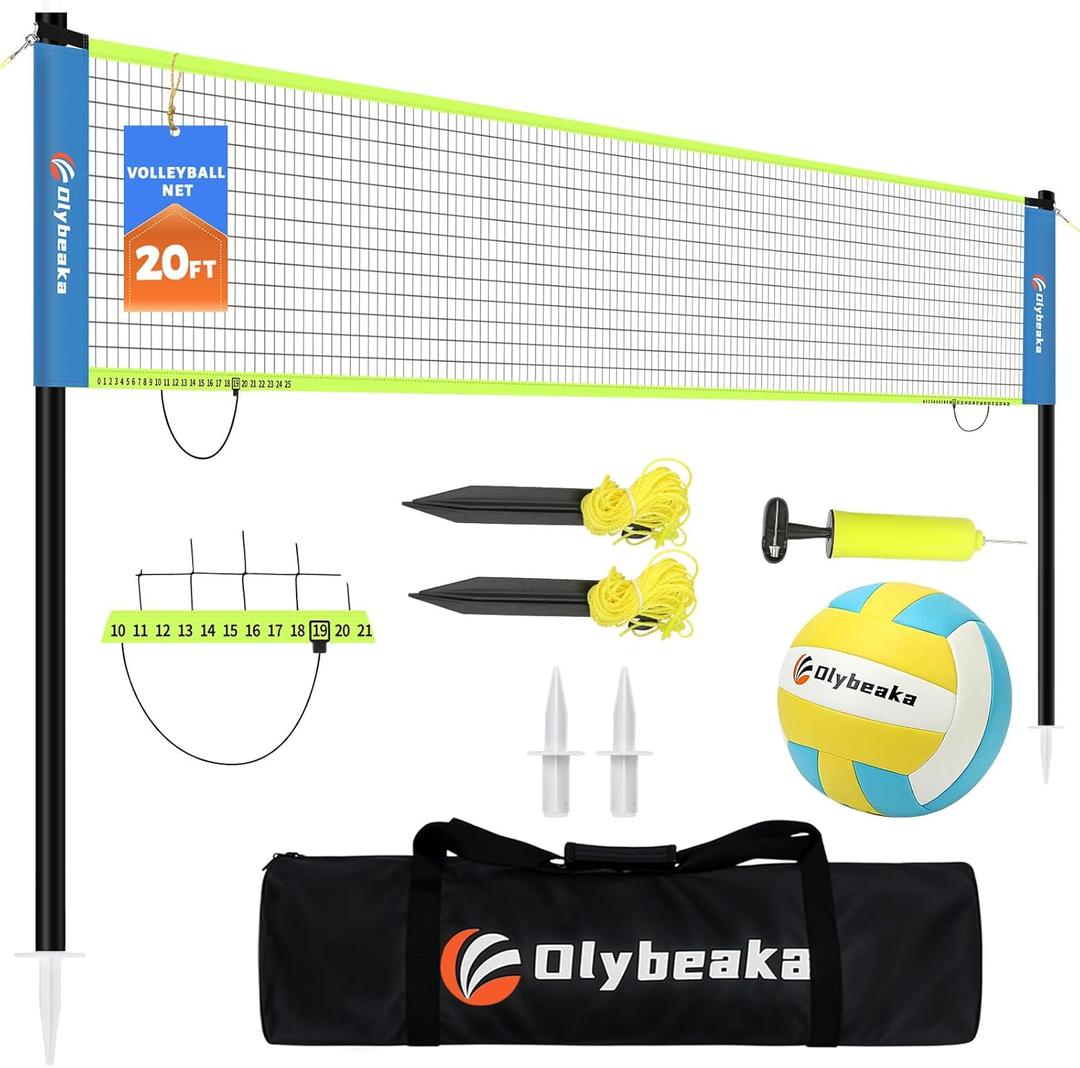 Portable Outdoor Volleyball Net Set for Backyard Beach with Adjustable Poles, Soft PU Volleyball & Pump, Carry Bag and Durable Anti-Sagging Net (20ft, Blue)