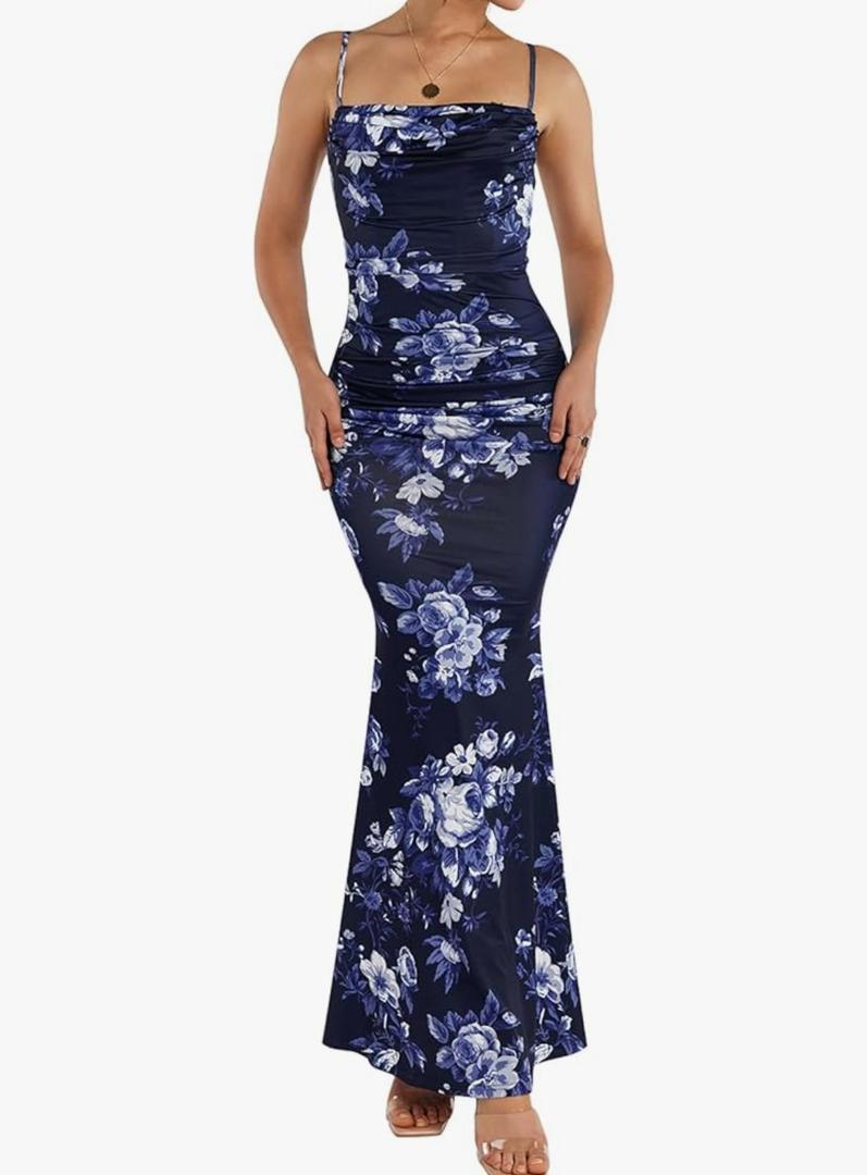 EYNMIN Women's Sleeveless Bodycon Corset Maxi Dress Spaghetti Strap Ruched Elegant Evening Wedding Guest Long Formal Dresses L