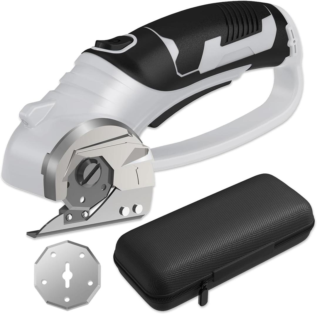 Cordless Electric Scissors, 4V Box Cutter & Cardboard Cutter with 2 Titanium Blades - Rotary Cutter with LED Light for Fabric, Leather, Carpet, Plastic, Crafting + Storage Case (Grey)
