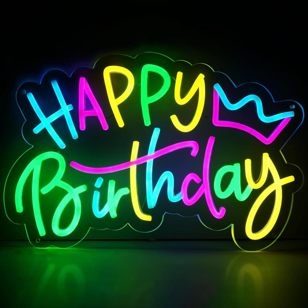 Large Happy Birthday Neon Sign for Birthday Party, Happy Birthday Light up Sign, Led Neon Sign with Dimmable Switch for Wall Decor, Party Decoration Use, Power by USB16.8 X 12.8 inches) (Style1)