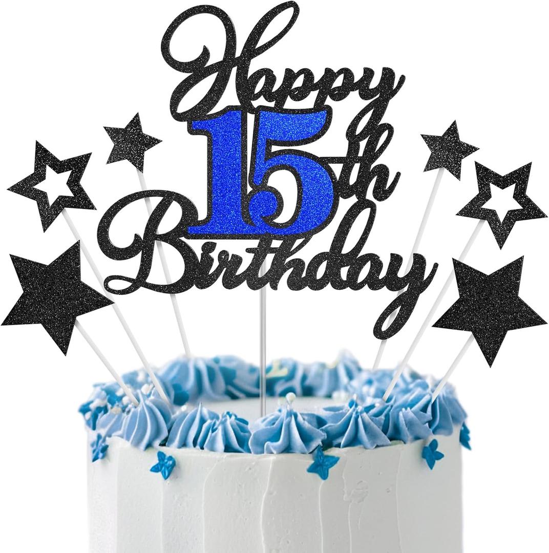 Happy 15th Birthday Cake Toppers, Black Blue Glitter Cake Decorations Set, 15th Birthday Decor, Birthday Anniversary Party Decorations Supplies