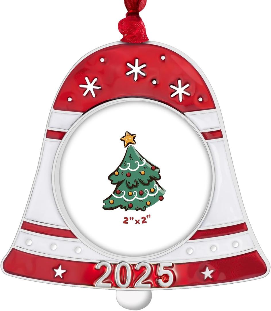 GUOER 2025 Christmas Tree Ornament Picture Frame Holiday Keepsake Gift Home Decor Christmas Decorations Xmas Gifts Pendant with 2 Photo Frame Insert (2025 Bell)