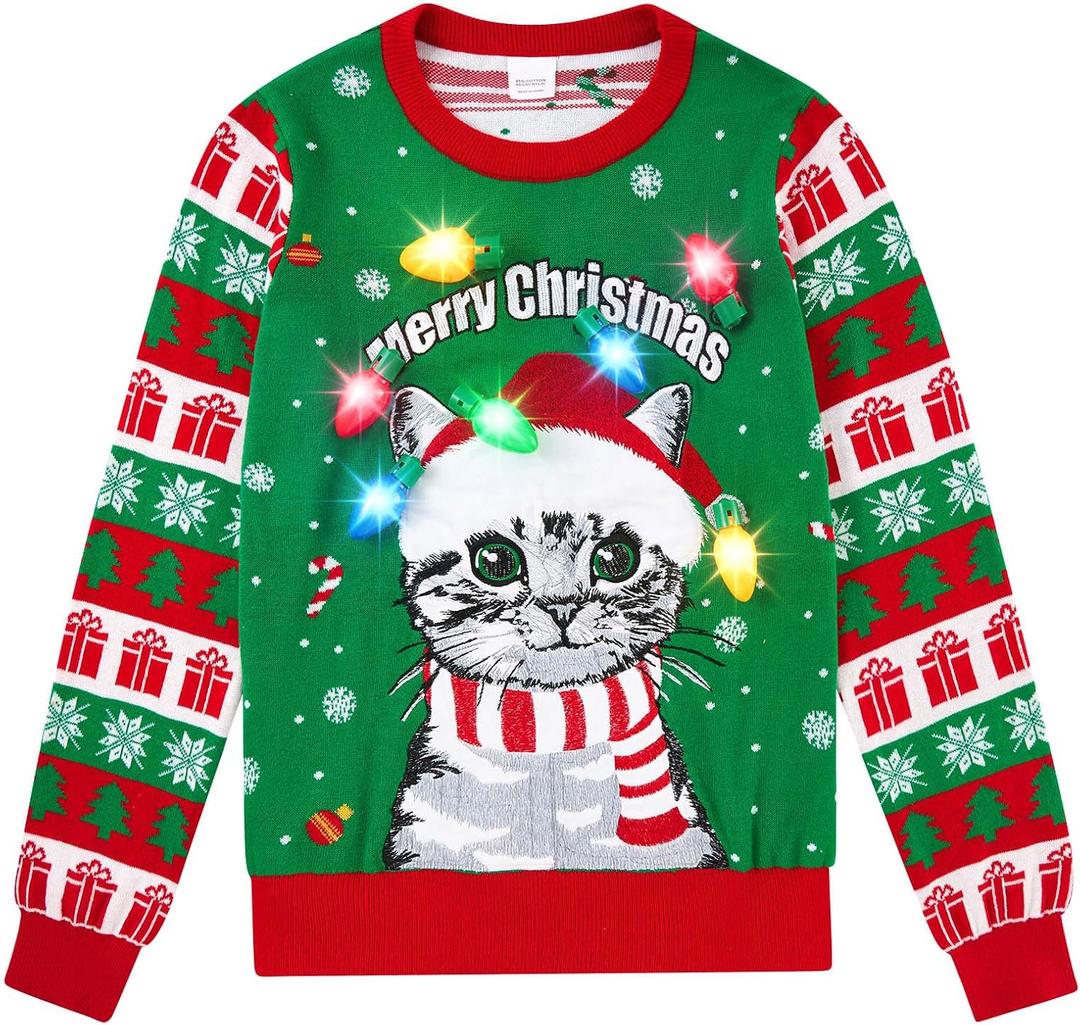 Uideazone Girls Boys Kids Christmas Ugly Sweater LED Light Up Reindeer Xmas Light String Pullover 5-12 Years Size 140