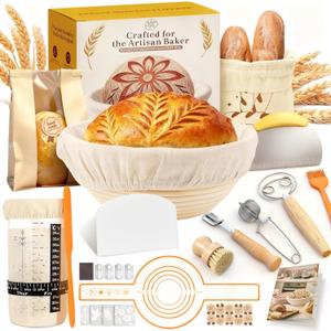 Complete Sourdough Starter Kit with Manual | Easy to Clean for Beginners | Sourdough Bread Baking Supplies with Round Bread Proofing Basket, Bread Sling, Starter Jar, Dough Whisk, Scrapers, Bag