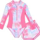 Girls Rash Guard Swimsuit 2 Piece Long Sleeve One Piece Bathing Suits with Swim Shorts Kids UPF 50+ Swimwear Sets 13-14 Years