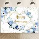 MEHOFOND 7x5ft Happy Anniversary Backdrop Blue and White Floral Wedding Anniversary Photography Background Hearts Geometric Couple Wedding Women Birthday Party Cake Smash Decor Studio Photo Props