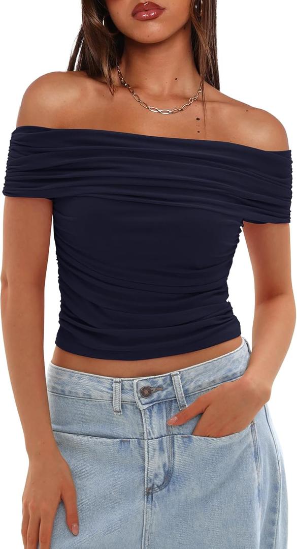 Darong Women Mesh Off The Shoulder Top Short Sleeve Double Lined Ruched Shirts Trendy Going Out Tops Summer Fashion Clothes (Blue, XS)