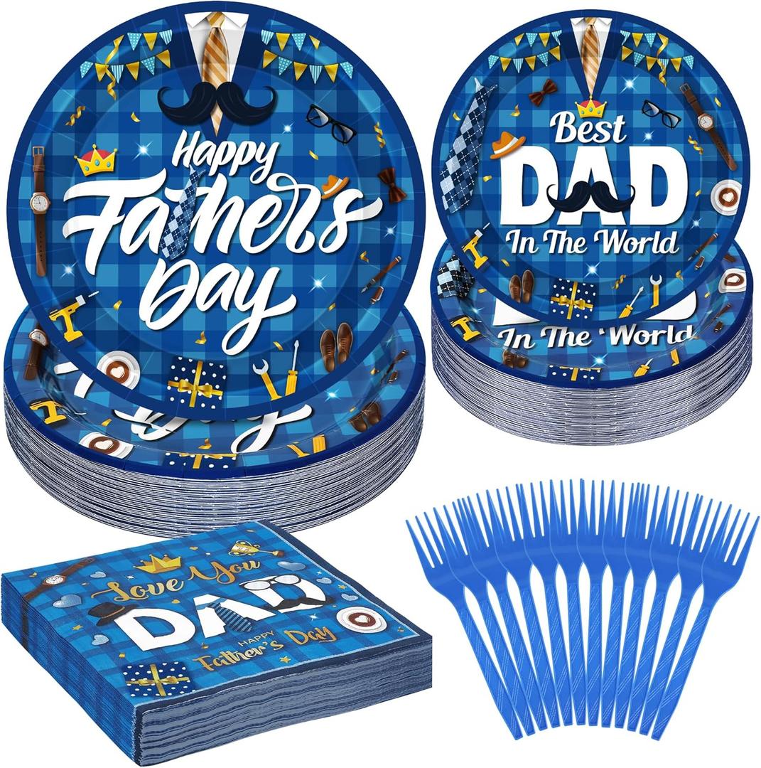 QZYL 120 PCS Father Day Decoration, 7" and 9" Disposable Happy Fathers Day Paper Plates, Round Fathers Day Table Decorations, Best Dad in the World Fathers Day Decorations for Party Father Day