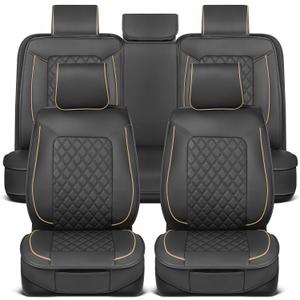 MotorBox Prestige Faux Leather Seat Covers Full Set Semi-Universal Fit for Cars, Trucks & SUVs Napa Style 2 Front Seat Covers + Rear Bench Durable Interior Protector, Easy Install