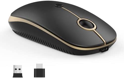 VssoPlor Type C Wireless Mouse USB C Rechargeable Portable Quiet Laptop Mouse USB and Type C Receiver Dual Mode Mice for PC, Laptop, MacBook, Tablet-Black Gold