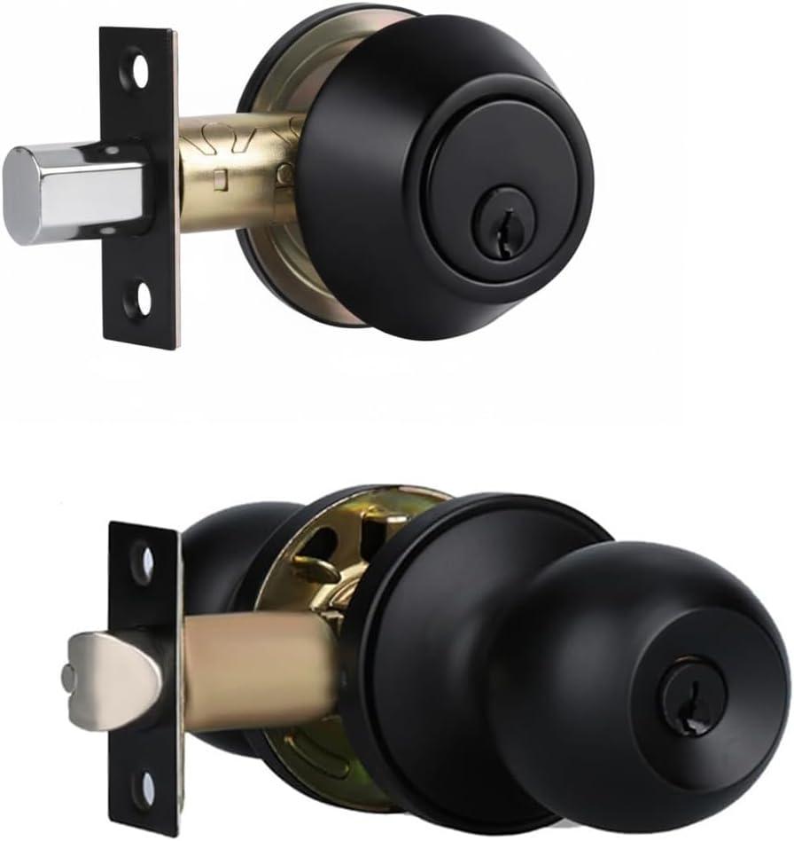 Front Door Lock Set Exterior Door Lock Set with Deadbolt, Single Cylinder Deadbolt Lock and Door Knob Set, Keyed Alike,Matte Black Door Knob and Deadbolt Set(1Pack Set)