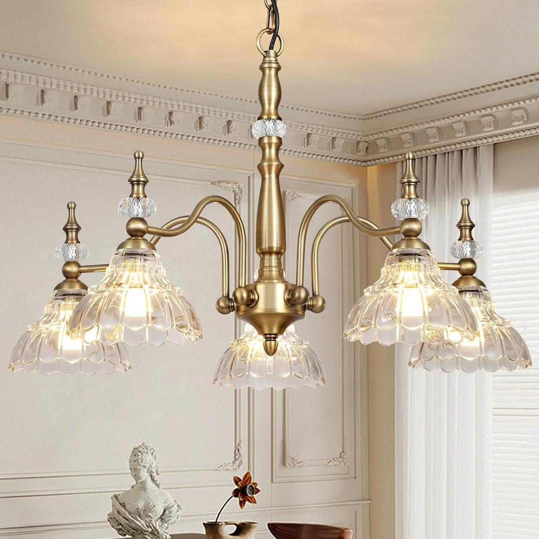 Gold Chandelier 5-Light Fixture with Crystal Glass Shade,Vintage Chandelier for Dining Room Kitchen Island Foyer Entryway