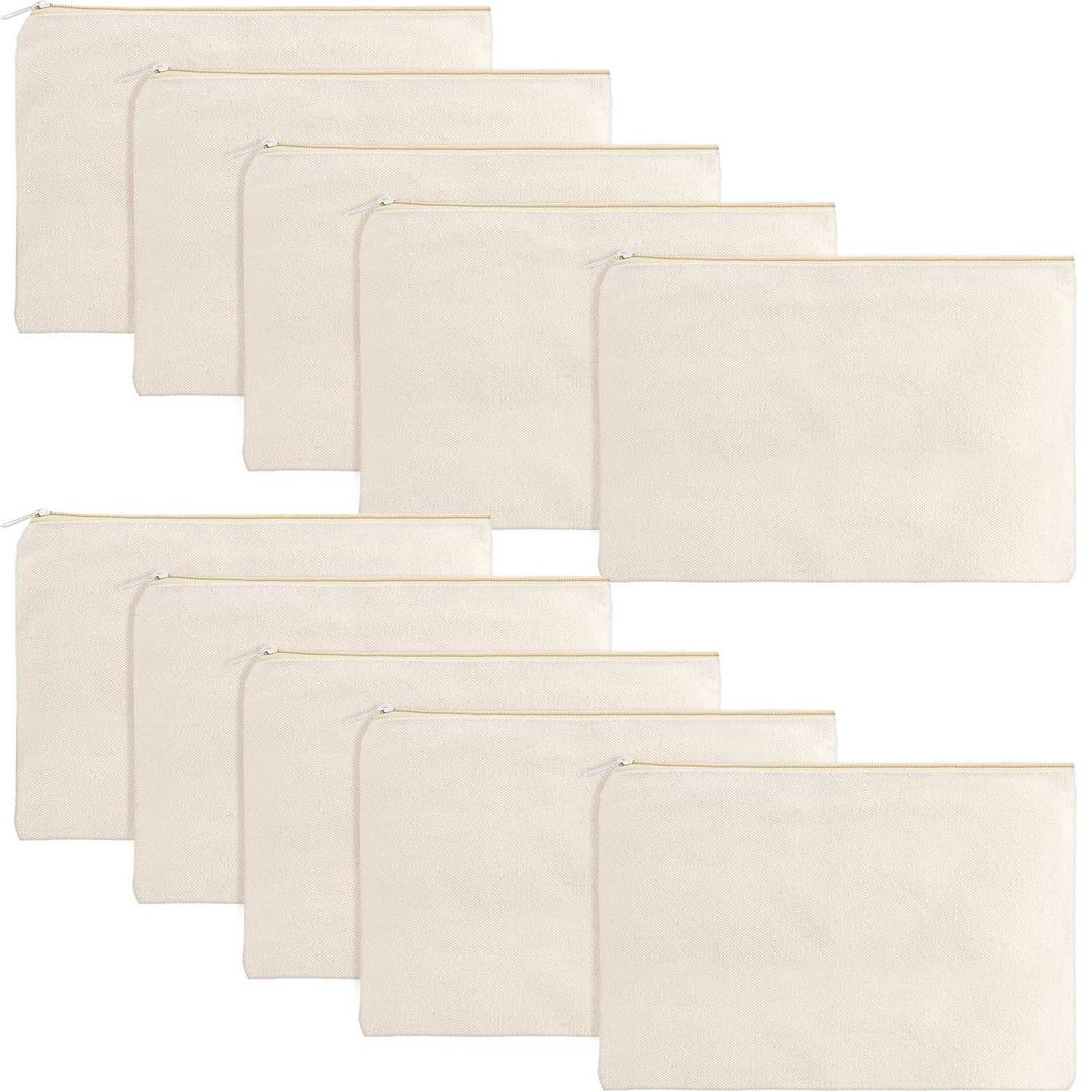 Gejoy 10 Pieces Cosmetic Canvas Pouch Bag Multipurpose Makeup Bag with Zipper Cotton Canvas Travel Toiletry Pouch DIY Craft (L, Beige)