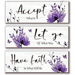 3 Pcs Purple Bathroom Decor Rustic Flower Wall Art Accept Let Go Have Faith Farmhouse Bedroom Wall Decor Wooden Inspirational Quotes Decorations for Living Room Bathroom Bedroom(Purple, 12 x 4 Inches)