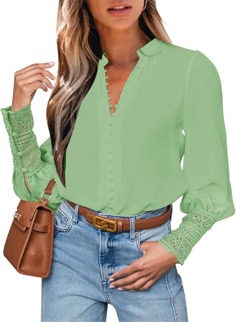 Fallorchid Women's Lace Long Sleeve Tops Button Down Shirts Dressy Casual Blouses Fall Fashion Clothes (L)