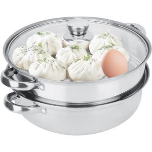 Oumefar Steamer Pot for Cooking, 11in Stainless Steel 2 Layer Steamer Cooking Pot Set, Multipurpose Steamer Pan Set with Glass Lid, Steaming Pot Cookware for Dumpling, Vegetable