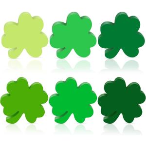 6 Pcs Wood Shamrock Decor, 3.03 x 3.14 Inches St Patricks Day Decor Tiered Tray Signs, 6 Style Green Shamrock Clover Leaf Tabletop Centerpiece, Saint Patricks Day Decorations for Home Mantle Kitchen