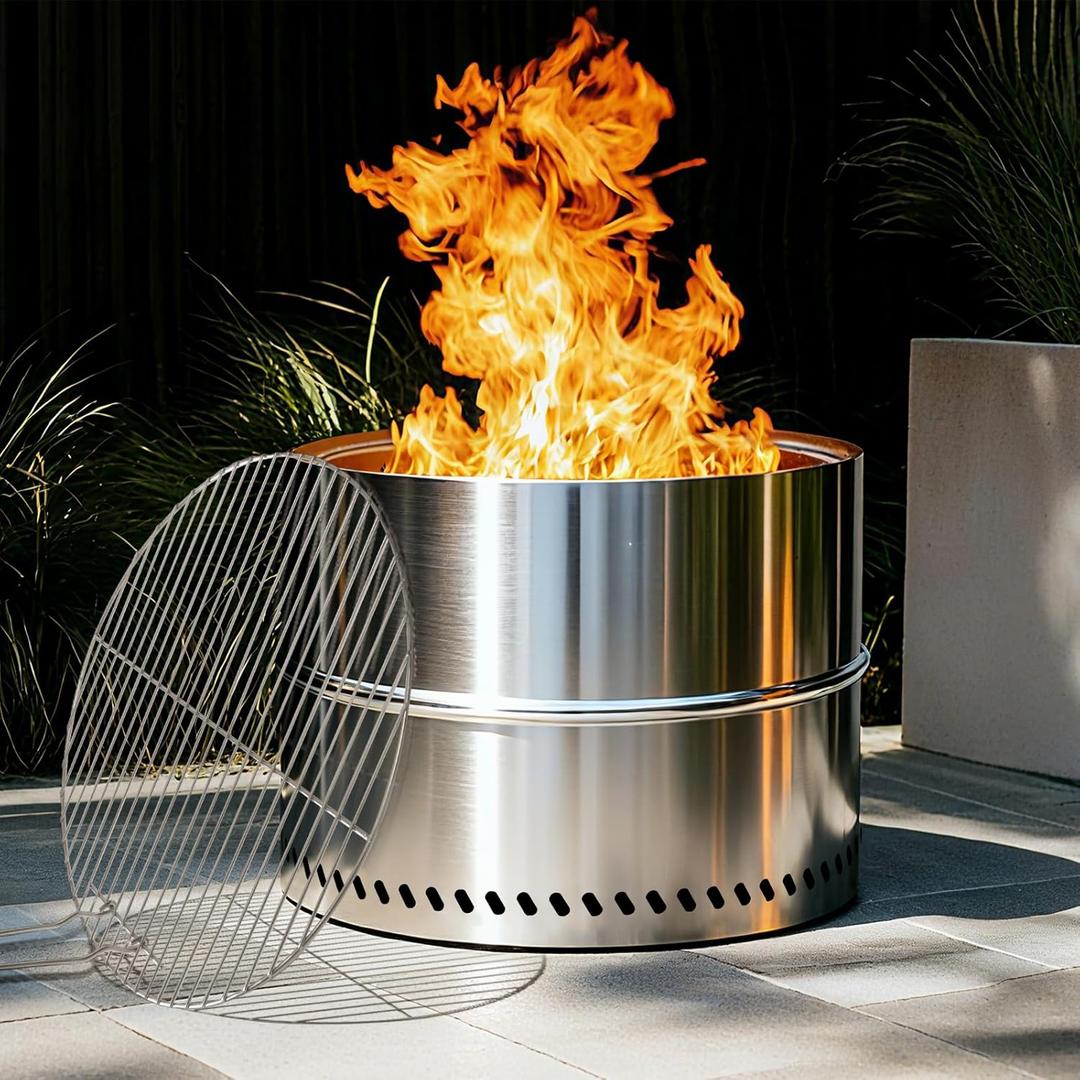 HGD 20 Inch Smokeless Firepit with Grill, Portable Wood Burning Fire Pit for Camping & Backyard, Stainless Steel Outdoor Fireplace with Travel Bag, Easy Setup & Compact Storage - Foldable Design (Silver)