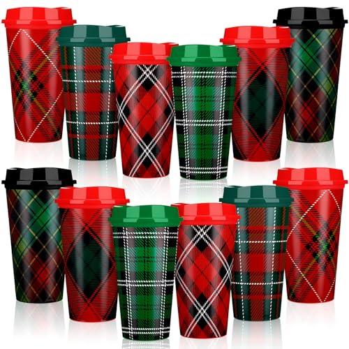 Sliner 12 Pcs 16 oz Christmas Buffalo Plaid Coffee Cups Mugs Tartan Plaid with Lids Plastic Xmas Cup 6 Designs of Red and Green Plastic Coffee Cups Xmas Holiday Supplies