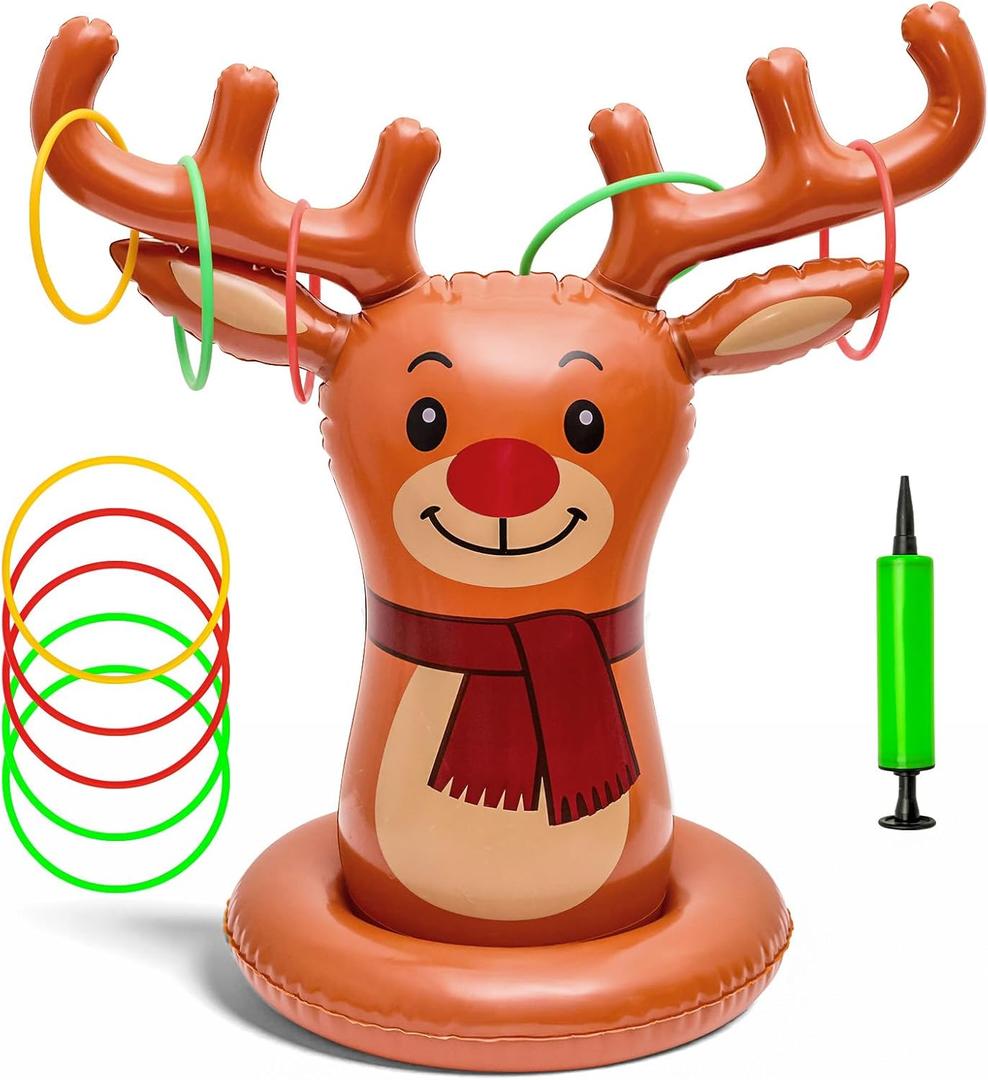 Christmas Reindeer Ring Toss Game for Kids, Inflatable Reindeer Antler Toss Party Games with Pump and Rings, Christmas Party Games for Family, Holiday Indoor Outdoor Fun Toys Xmas Decorations