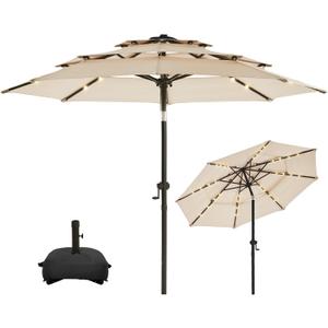 wikiwiki 10FT 3Tiers Solar LED Patio Umbrella with Base, Sturdy Outdoor Market Umbrella with Tilt, Crank and 32 LEDs for Terraces, Pool and Garden, Beige