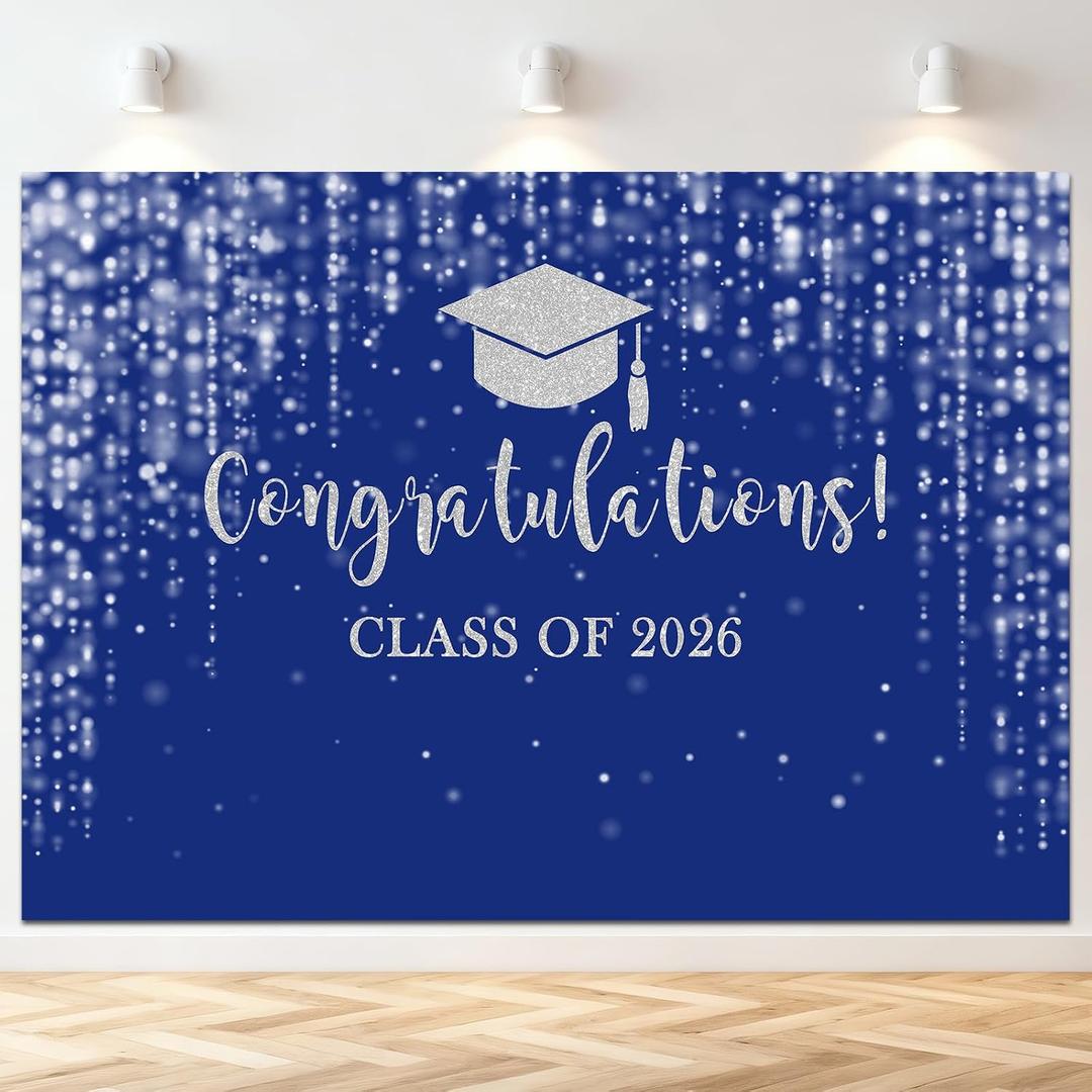 Mocsicka Class of 2026 Backdrop Blue Silver Glitter Bokeh Graduation Party Background 2026 Congrats Grad Prom Party Cake Table Decoration Photo Booth Props (8x6ft)